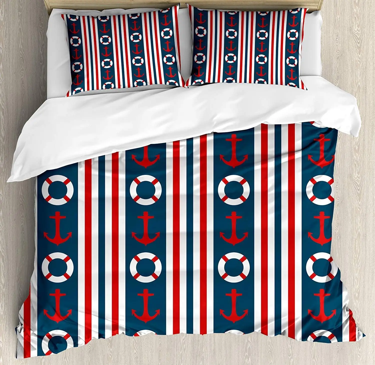 

Nautical Duvet Cover Set Vertical Borders Stripes Maritime Theme Steering Wheel and Anchor Pattern Decorative 4pcs Bedding Set