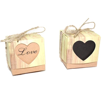 

50pcs Love Heart Kraft paper Candy Box Vintage Wedding Gifts For Guests Boxes With Rustic Burlap Wedding Favors Party Decoration