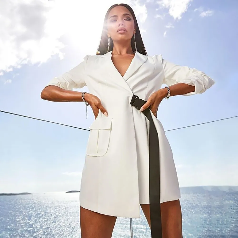 

2019 Autumn Solid Buckle Sashes Blazer Women V-neck Office Ladies Casual Suits Ladies Streetwear Pockets Jackets cwb0021-5