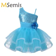 Детский гимнастический купальник для девочек, балетное платье для танцев балетное трико для девочек, платье-пачка платье для танцев с цветами и блестками на одно плечо