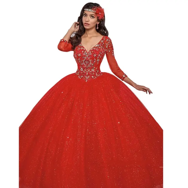 2017 long sleeve quinceanera dresses Cheap Red Sequined Fabric Backless
