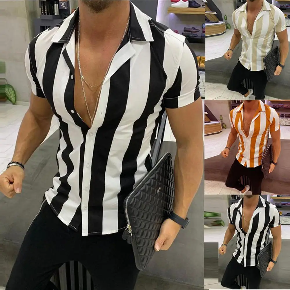 

Mens Fashion Printed Splicing Colorful Stripe Short Sleeve Loose Shirt
