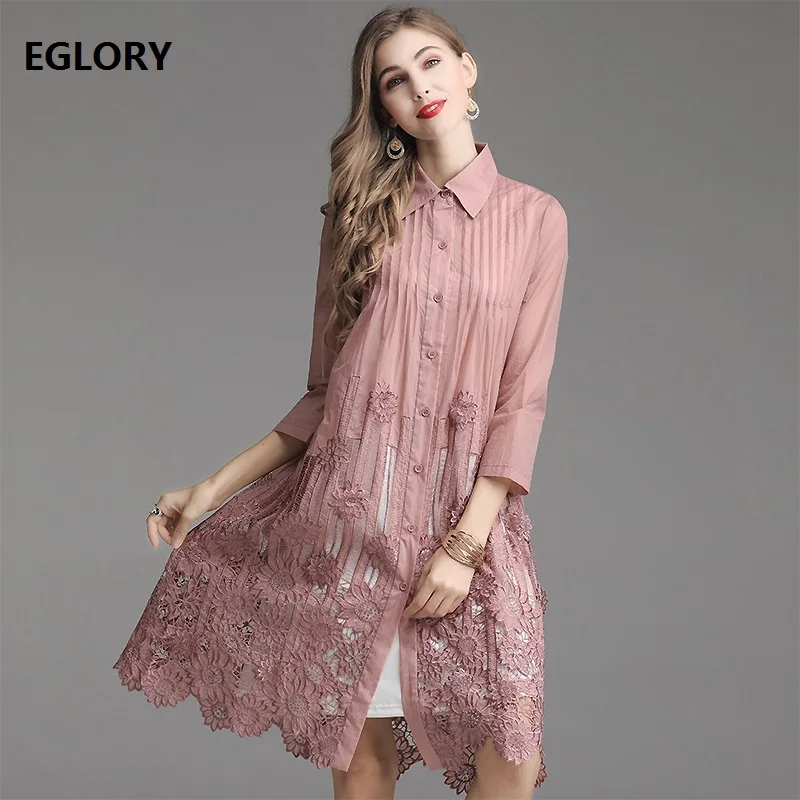 

Plus Size Women's Clothing 2019 Spring Summer Fashion Long Shirt Dress Woman Turn-down Collar Hollow Out Embroidery Dress M-5XL
