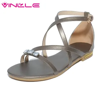 

VINLLE 2020 Women Sandals Summer Western Style PU Genuine Leather Low Heel Shoes Elegant Buckle Strap Ladies Shoes Size 34-43