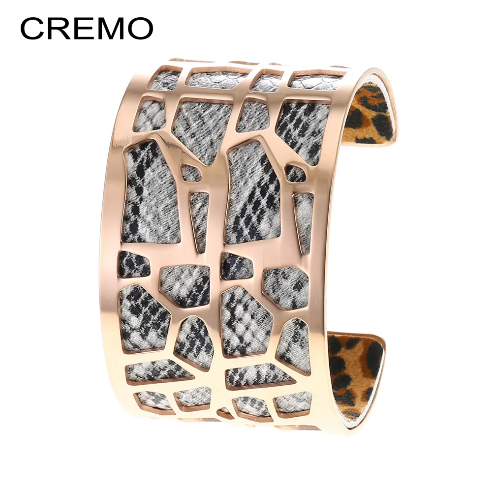 

Cremo Giraffe Rose Gold Cuff Bangles for Women Hollow Stainless Steel Open Charm Jewelry Leather Interchange