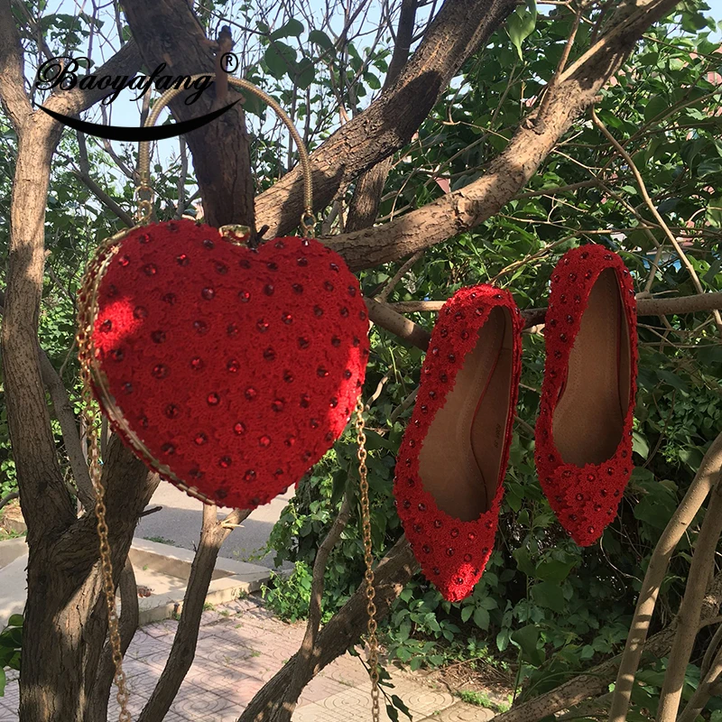 

BaoYaFang New Red Flower Heart bag and shoes Woman Wedding shoes Bride platform shoes with matching bags female Pumps