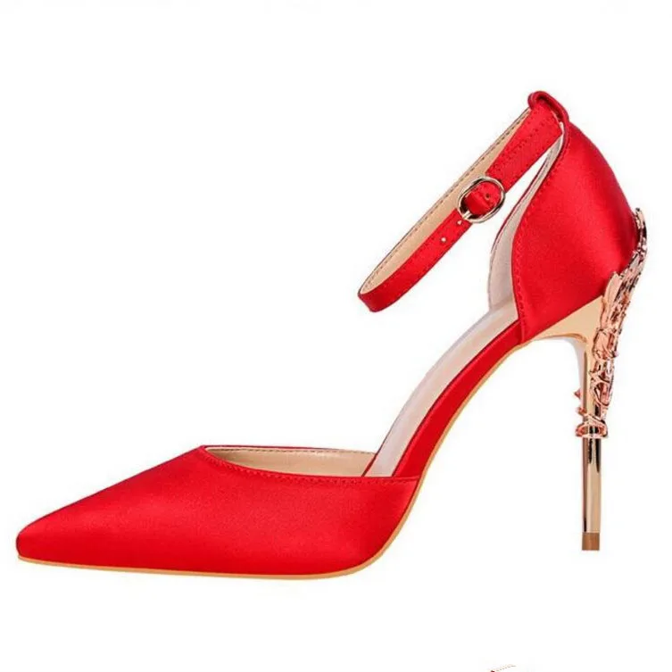 

QPFJQD Elegant Silk Satin Ladies Pumps Sexy Metal Thin High-heeled Sandals Ankle Strap Pointed Toe Stiletto Heels Woman Shoes