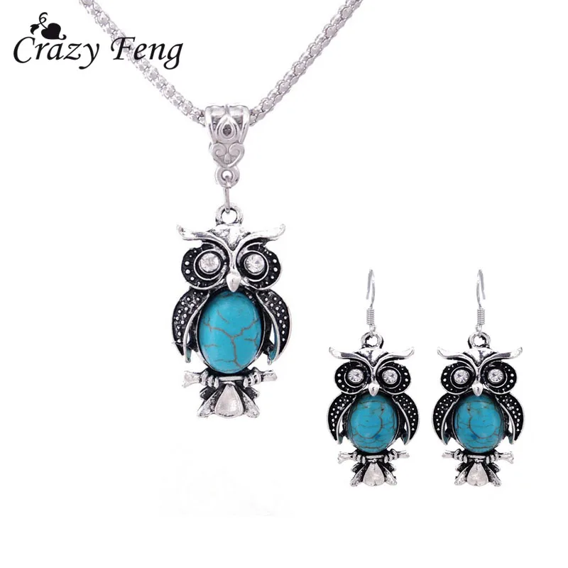

New Design Jewelry Sets Tibetan Silver Retro Stone Pendant Necklace Owl Drop Earrings Set Jewellery for Women Free Shipping