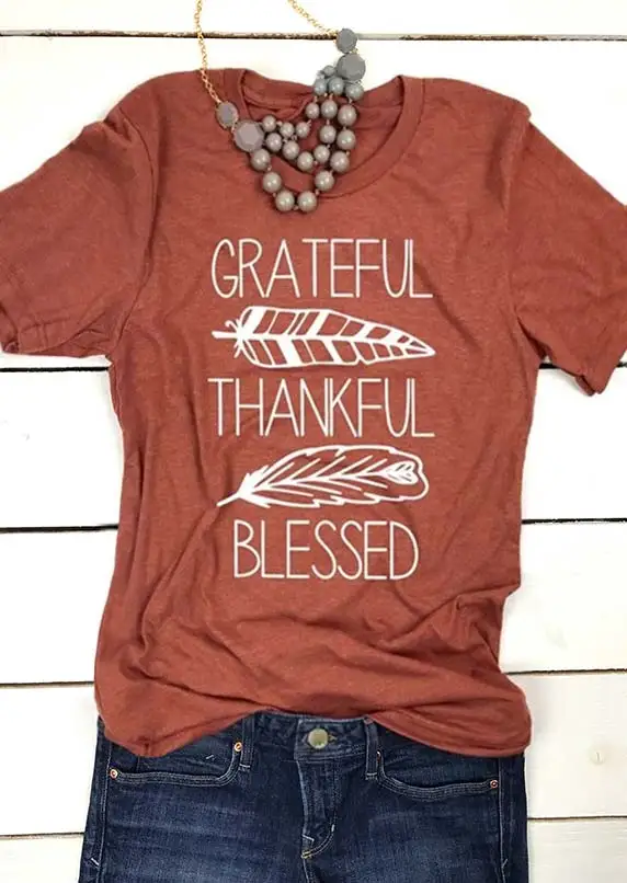 

VESSOS Thanksgiving Red Polyester Women's Short Sleeve Tops T-Shirt Thanksgiving Letter Print Women's Fashion Girls' T-Shirt