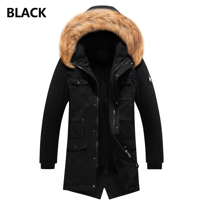 Модные зимние куртки, мужская повседневная верхняя одежда, ветровка с меховым воротником, с капюшоном, толстый бархат, длинный Тренч, пальто, Классическая теплая парка для мужчин - Цвет: Черный