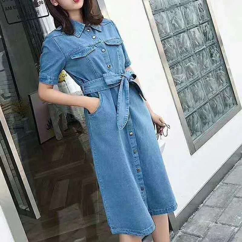 Women Denim dress Pockets Cowboy Lace Up dress women dress 2019 summer style loose high waist bandage Mid Dress Jeans