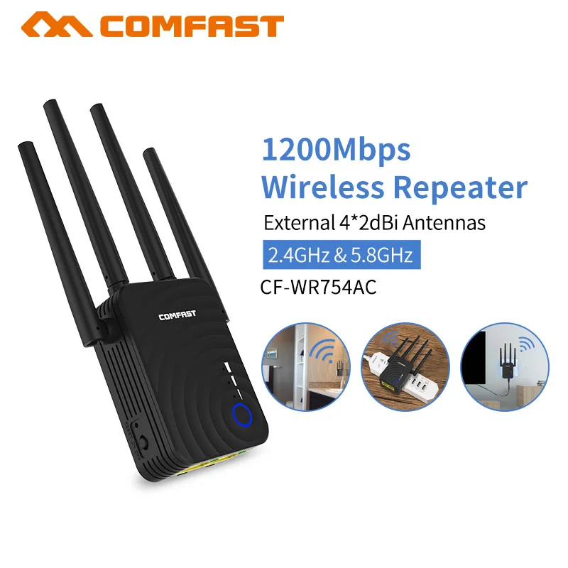 

AC1200 WIFI Repeater Range Extender 5.8Ghz Wireless Router 802.11 AC Wifi Booster Signal Amplifier Dual-Band 4 External Antenna