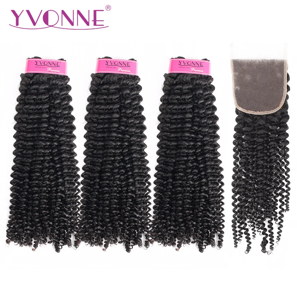 preço Yvonne Encaracolado Kinky Humanos Bundles Cabelo Com Encerramento Bundles Brasileiro Virgem Cabelo Weave Bundles Com Fechamento 4 3x4