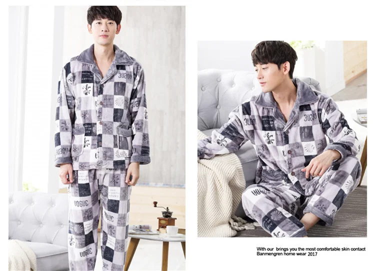Pajamas Mens Flannel Pajama Suits Winter Autumn Sleeping Clothes Two Piece Nights Men Night Wear Clothing Thick Corduory 2018 New JW284 (8)