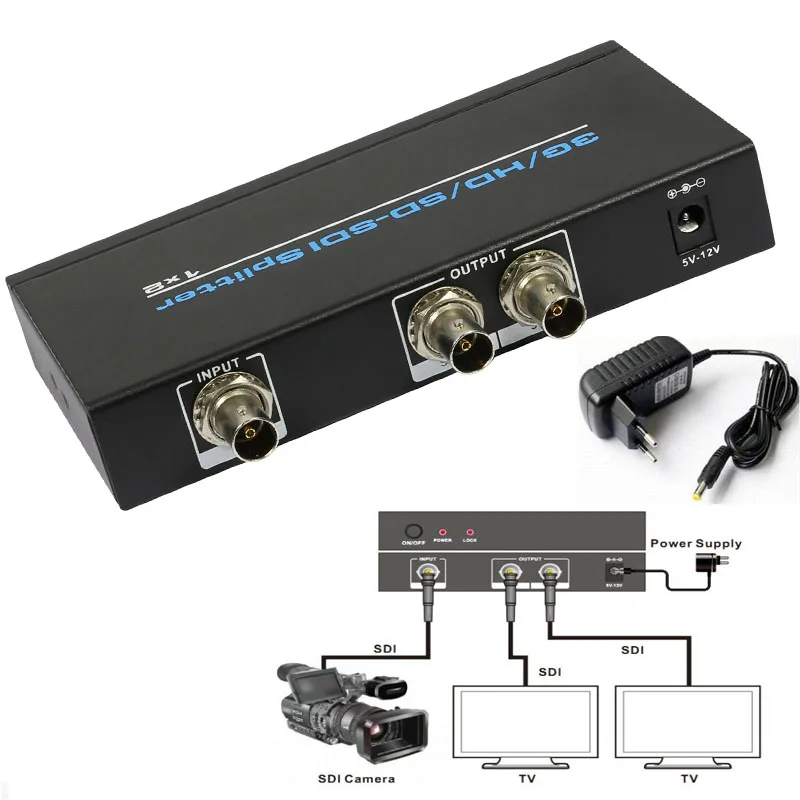 

SDI, HD-SDI,3G-SDI Splitter 1x2 ,1 SDI to 2 BNC Output Distribution Splitter Extender Repeater 1080p With Power Supply