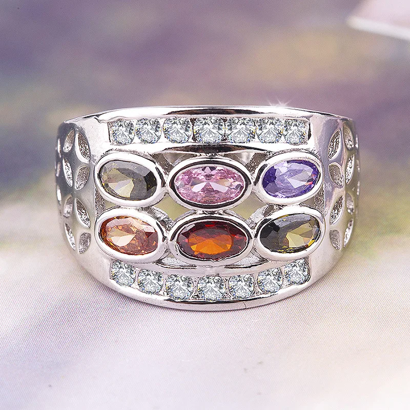 

Mystery Female Rainbow Oval Ring Boho 925 Silver CZ Stone Finger Ring Vintage Party Wedding Rings For Women 2019 New Year Gifts