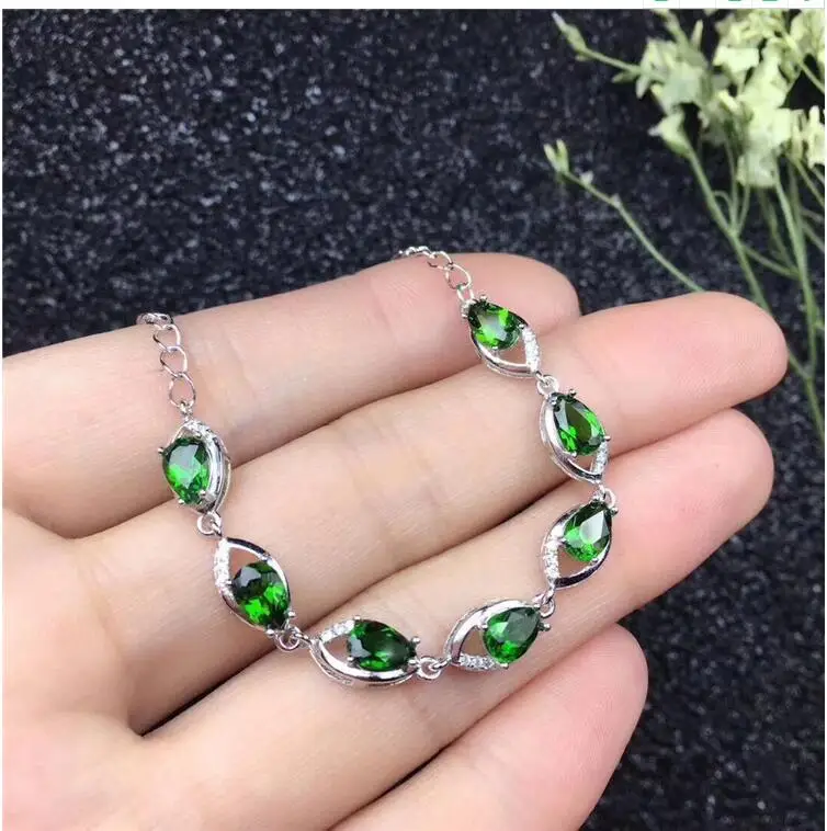 

Free Shipping Natural and real Diopside Bracelets 925 sterling silver Fine jewelry gems 4*6mm 7pcs