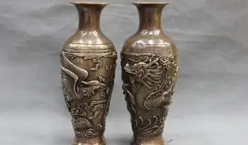 

China Royal Palace Copper Bronze Feng Shui Dragon & Phoenix Bottle pot Vase Pair