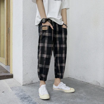 

2019 Men's Lattice Printing Cotton Pants Bound Feet Haren Pants Loose Trousers Active Elastic Black/blue Joggers Sweatpants