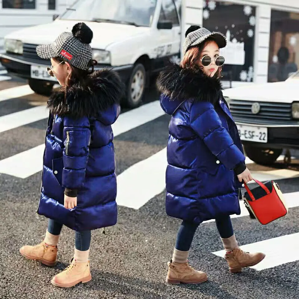 

2018 Large Fur Collar Parkas Kids Boy Girl Hooded Long Girls Down Jackets Thick Snow Coat Outwear Teenage Winter Thick Jacket