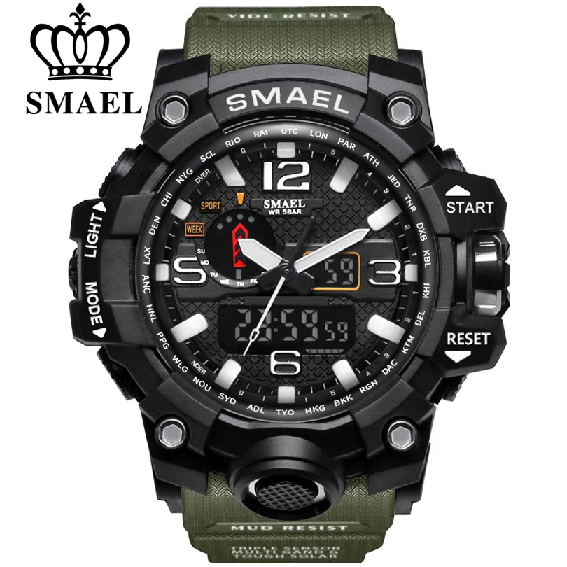 SMAEL Brand Men Sports Watches Dual Display Analog Digital LED Electronic Quartz Wristwatches Waterproof Swimming Military