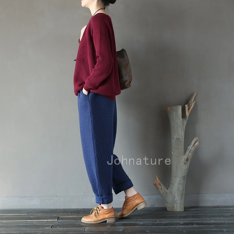 Johnature винтажные штаны новые женские осенние зимние хлопковые свободные плотные теплые Прямые повседневные штаны 4 цвета с эластичным поясом