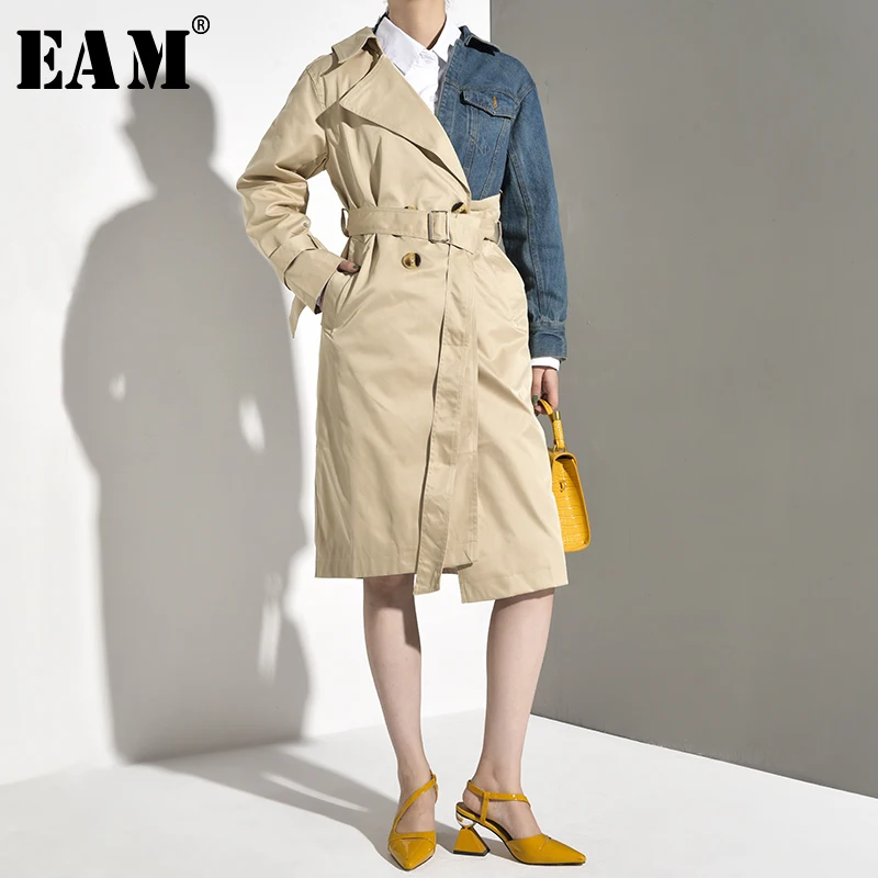 

[EAM] 2019 New Spring Autumn Lapel Long Sleeve Hit Color Denim Split Joint Long Windbreaker Women Trench Fashion Tide YE5371