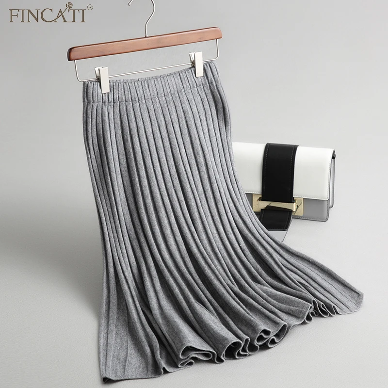 

Fincati Women Skirt 2017 Autumn New Pleated Solid Colors Office Lady A-Line Winter All-Match High End Knitted Skirt Female