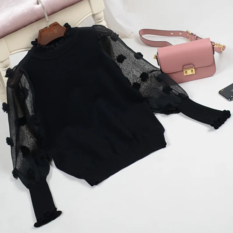 

Fall 2018 new knitting sweater fashion agaric side half a turtleneck sweater Venus gauze the lantern sleeve chiffon sexy sweater