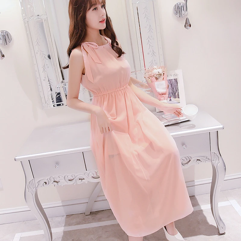 coreano de verano de mujer vestido Casual sin mangas Vestidos largos cuello redondo sólido cintura elástica Vestidos bonitos|dress dresskorean summer dress - AliExpress