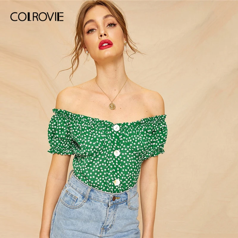 

COLROVIE Green Ditsy Floral Button Front Crop Blouse Shirt Womens Clothing 2019 Summer Boho Off Shoulder Ladies Tops And Blouses