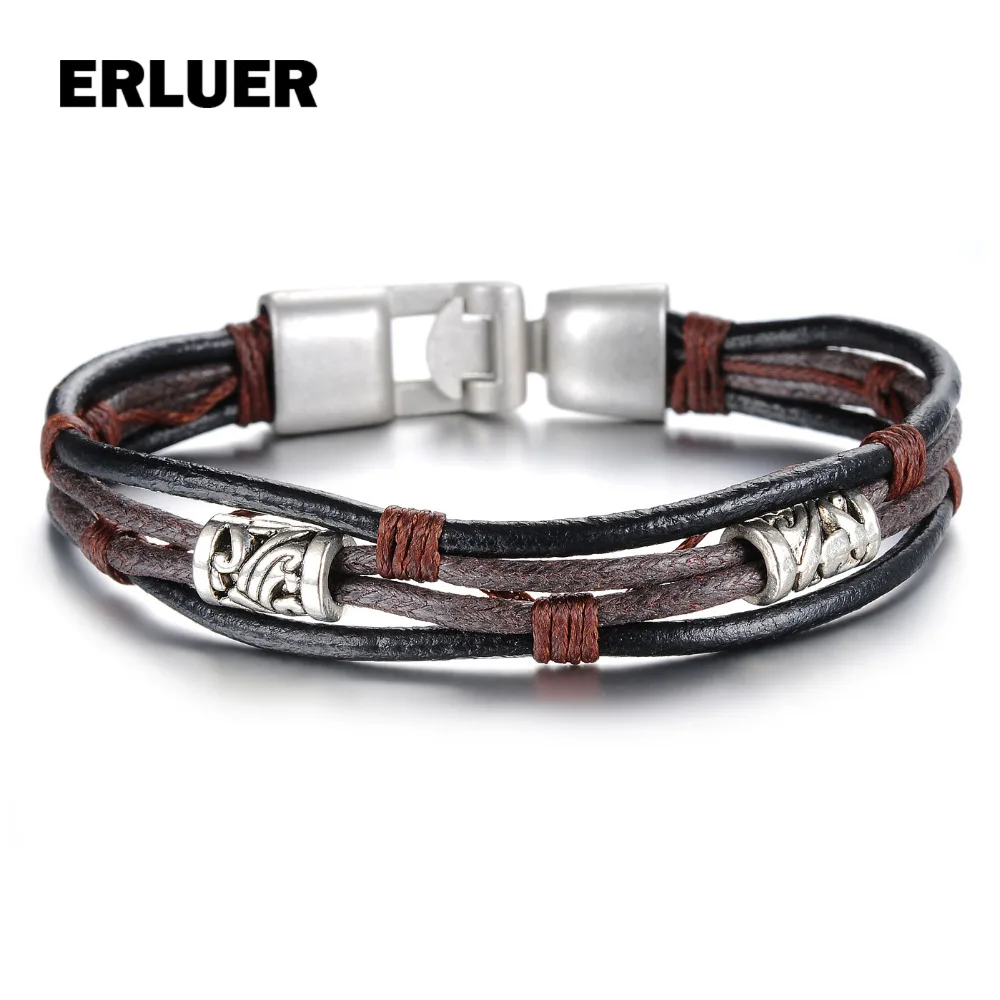 ERLUER Men Bracelets Multilayer Leather Woven Wristband European Punk Style Fashion Retro Jewlery &amp Bangles for women | Украшения и