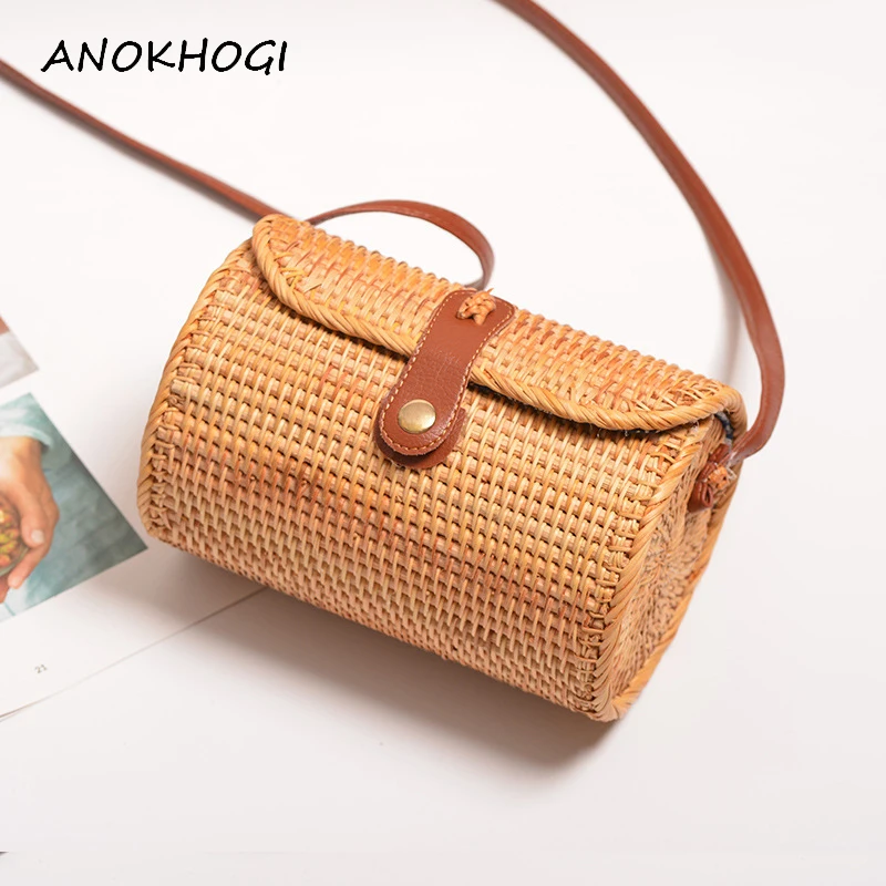 

Bohemia Style Beach Drum Shaped Women Shoulder Bags Handmade Straw Woven Rattan Bag Ladies Vintage Holiday Crossbody Bags B302