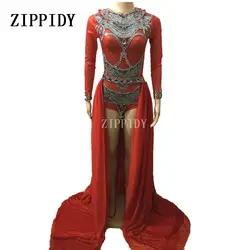 Блестящий красный боди, декорированное камнями большой хвост певица комплект сцены вечерние праздновать роскошный костюм для танцев