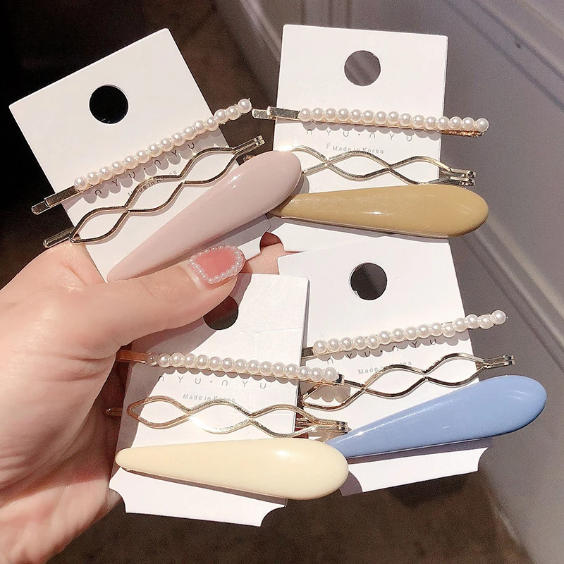 

3 Pcs/Set Cute Pearl Geometric Alloy Hairpins Sweet Girls Pearls Hair Clips Coleta Pelo Barrettes for Hair Accessories