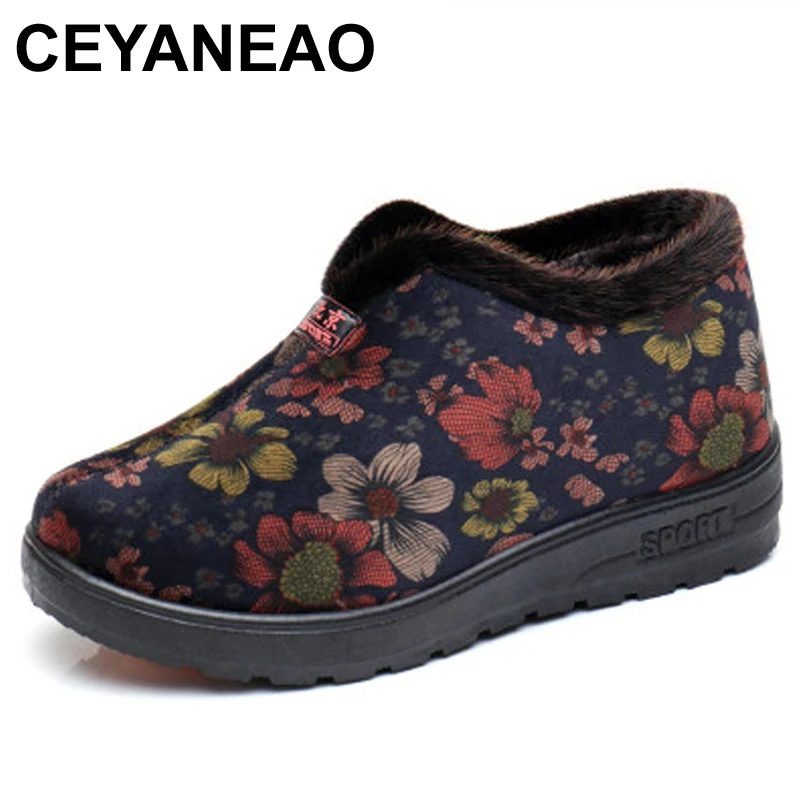 US $12.99 Ceyaneao Winter Boots Women Shoes Warm Print Snow Boots Furry Fur Velvet Cotton Cloth Cozy Ankle Boots NonSlip Booties Elderly