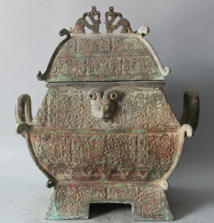 

S1953 14" Archaic Chinese Dynasty Palace Bronze Dragon Food Wine Vessel Burner Pot Zun D0317