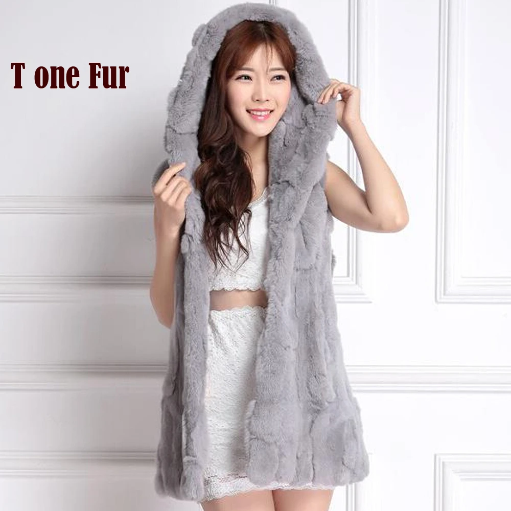 

Real Rex Rabbit Fur Vest Hooded Women Fashion Genuine Rex Rabbit Fur Gilet Wholesale Thick Warm Fur Overcoat Factory Fur KFP972