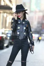 2016 New Stars Pattern Womens Sheep Leather Short Jackets Ladies Genuine Leather Coats Round Collar Slimming Streetwear AU00884