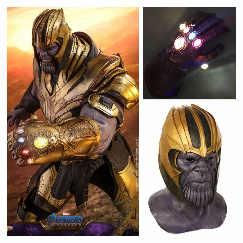 

New Avengers Endgame Thanos Cosplay Mask Latex Helmet Infinity Gauntlet LED Gloves Kids Adult Halloween Exquisite Toy Props 2019