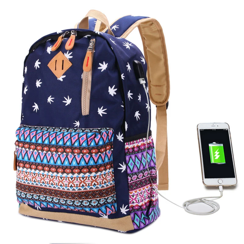 ShengBaoLi Vintage Girl External charge headphone hole Bags For Teenagers Dot Printing Nylon