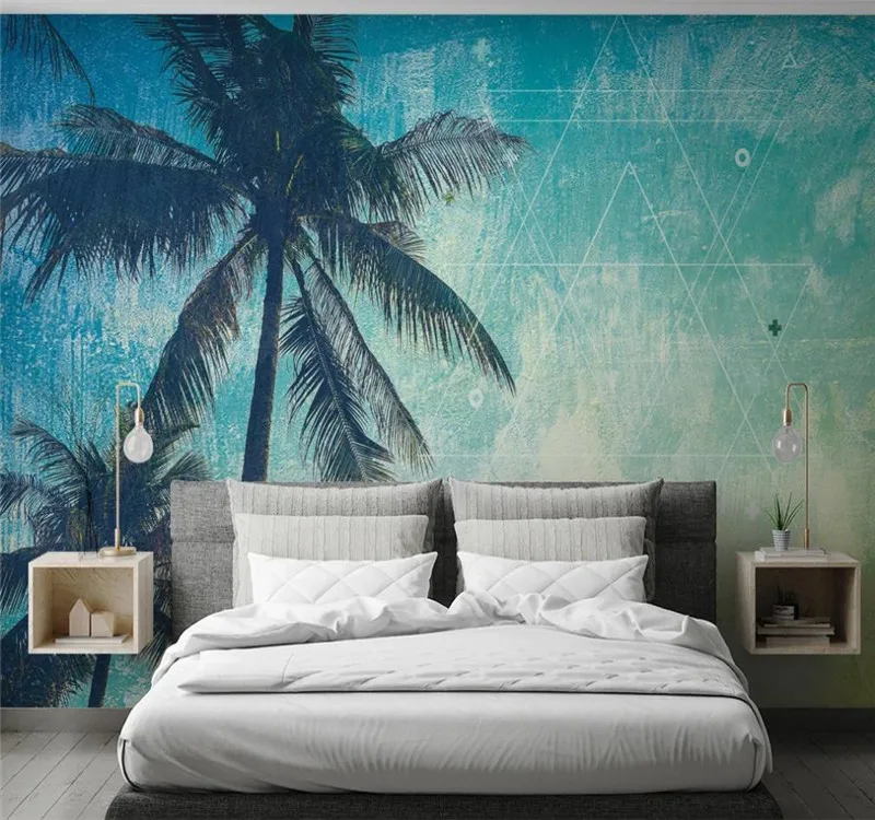 Custom 3D wallpaper Nordic style coconut tree nostalgic background wall paper mural - silk waterproof material Custom 3D wallpaper Nordic style coconut tree nostalgic background wall paper mural - silk waterproof material