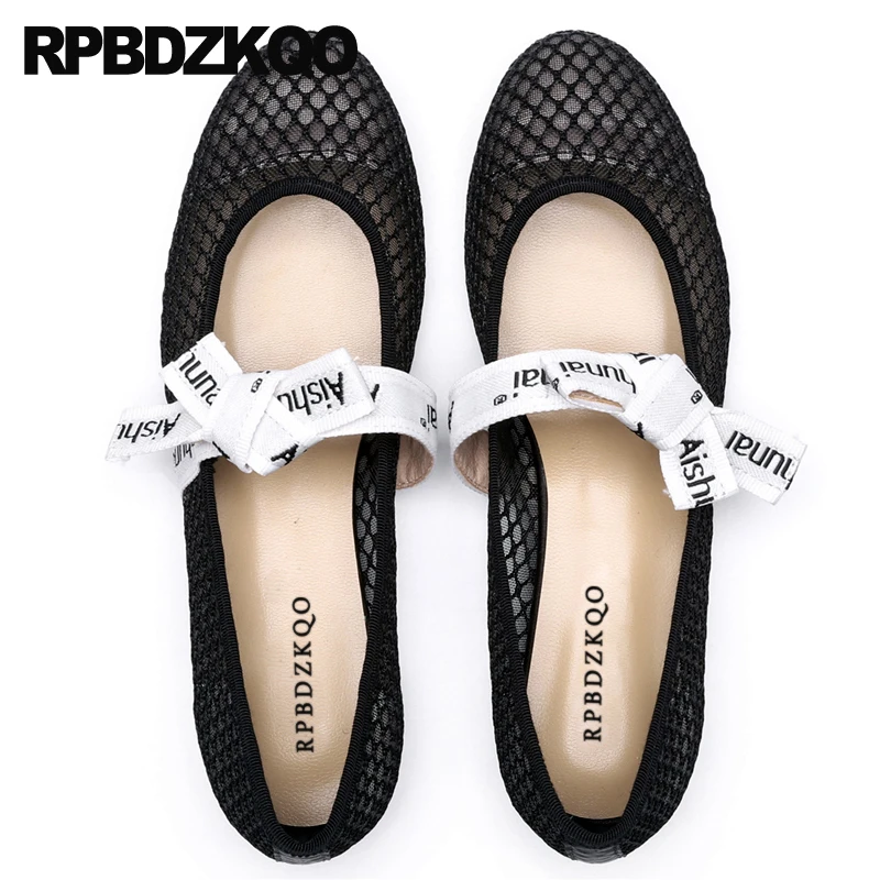 

china embellished breathable round toe ballerina mary jane 2019 black japanese bow mesh designer soft ballet flats women sandals