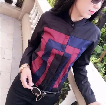 

2019 Autumn Long Sleeve Stand Collar Print Black Cotton Shirts Women Office Work Black Cotton Shirts Blouses Lady Black Tops