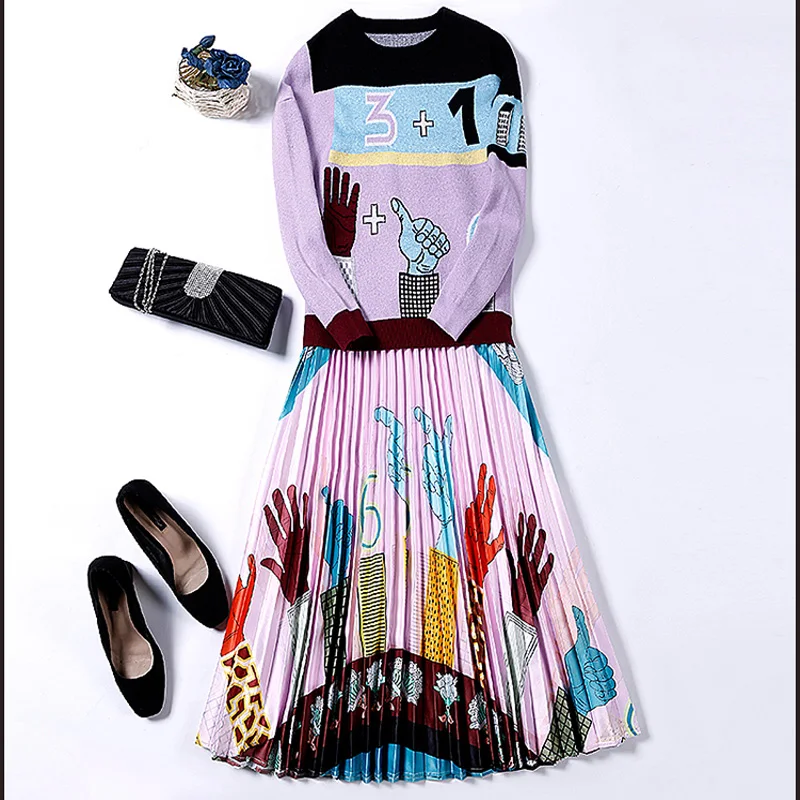 

B 2019 O-Neck Sweater Cartoon Fashion Patter Ruched Modern All-Match Elegant Gentle Spring New Special Good Quality 2 Piece Set