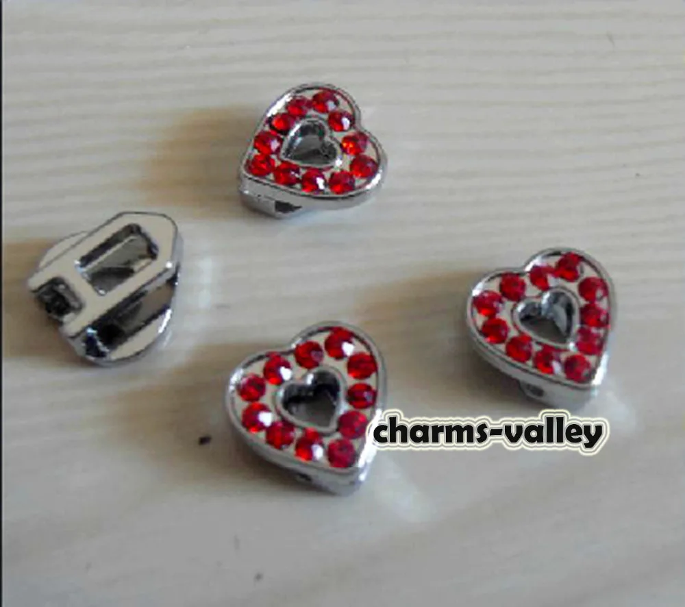 

Free Shipping, 20PCS 8MM Red Rhinestone Hearts Slide Charms DIY Accessory Fit 8mm Wristband Belts