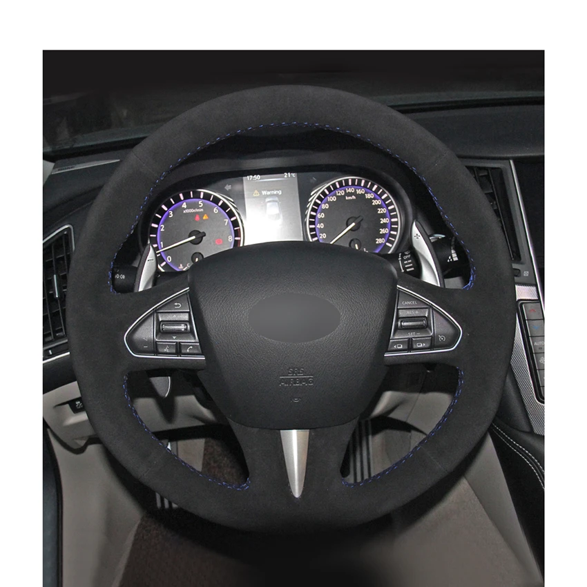 Hand-stitched DIY Black Suede Car Steering Wheel Cover for Infiniti Q50 QX50