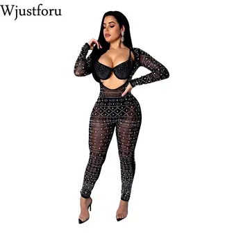 

Wjustforu Reversible Diamonds Mesh Sexy Jumpsuit Women V Neck Long Sleeve Women Night Club Party Romper Fashion Outfits Overall