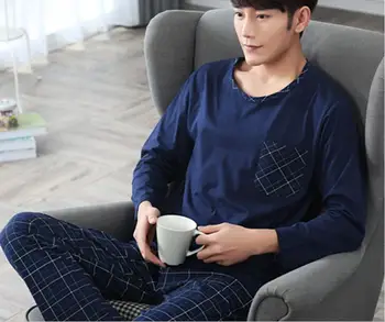 

2019 fashion men shipping cloth 100%cotton o-neck collar long sleeve blue coat and blue pants comfortable free shipp