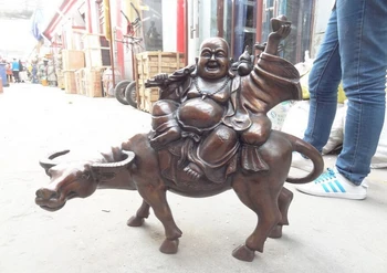 

USPS to USA S1766 32" Chinese Buddhism Bronze Happy Laughing Maitreya Buddha Ride Bull Ox Statue